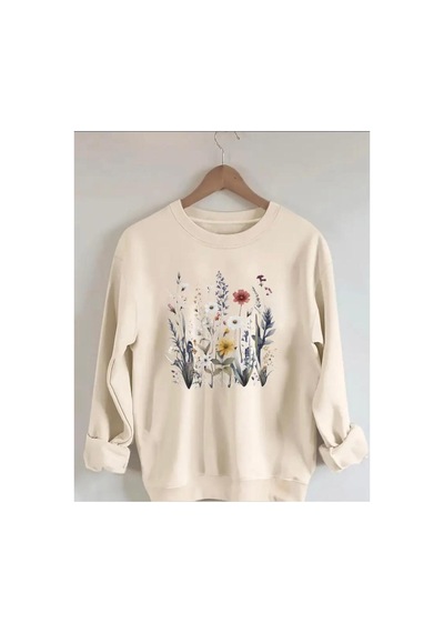 Herkesemoda Çiçekler Baskılıı Bisiklet Yaka İçi Polarlı Sweatshirt Beyaz