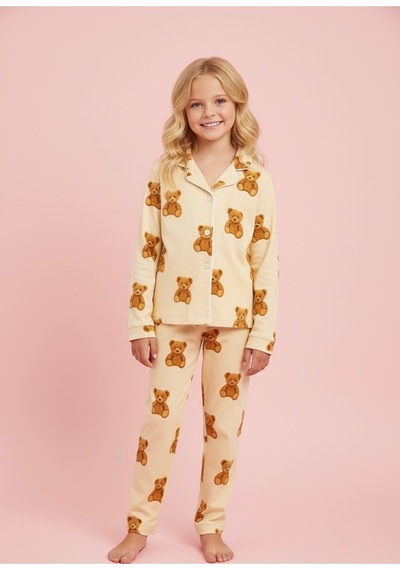 Beka Kids Ayıcık Desenli Uzun Kollu Önden Düğmeli Gömlek Yaka Kız Çocuk Pijama Takımı %100 Pamuklu Bej Beka Kids Ayıcık Desenli Uzun Kollu Önden Düğmeli Gömlek Yaka Kız Çocuk Pijama Takımı %100 Pamuklu Bej