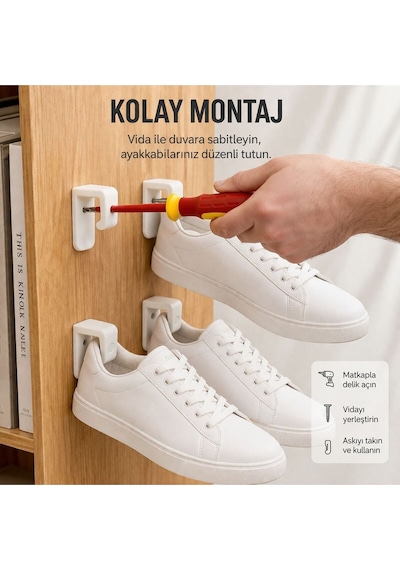 Duvar Tipi Ayakkabı Askısı 2 Li Set Sneaker Duvar Rafı Yer Kaplamayan Organizer Kırmızı