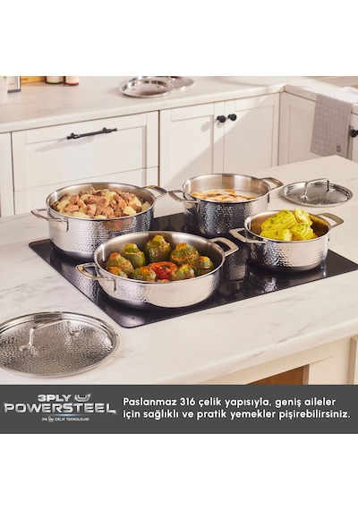 Karaca Power Steel 316+ 3ply Voyager İndüksiyon Tabanlı 8 Parça Çelik Tencere Seti Gümüş