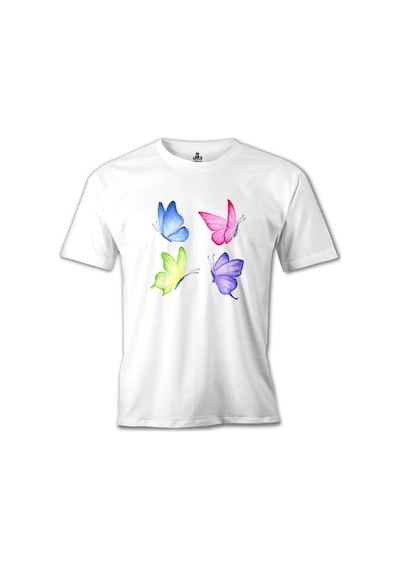 Renkli Kelebekler Beyaz Erkek Tshirt