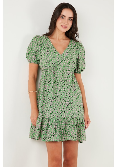 Lela Regular Fit V Yaka Balon Kol Desenli Mini Bayan Elbise 67810045 Yeşil