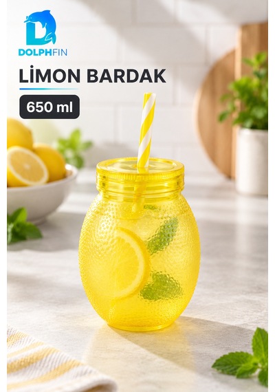 Limon Pipetli Bardak 650 Ml Kapaklı Plastik İçecek Bardağı Çok Renkli