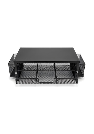 Temel Siyah Metal Mesh Monitör Yükseltici Stand Çekmeceli Kalemlikli Masaüstü Organizer 9210
