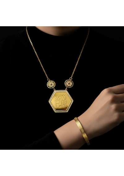 Maşallah Yazılı Kolye Ve Ayetel Kürsi Bileklik Seti Gold Çelik İslami Takı Altın