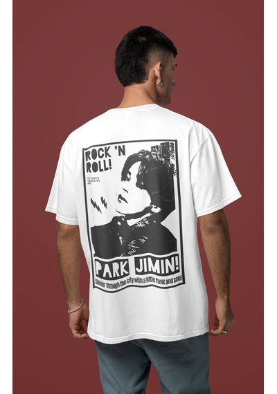 Sevbano Rock In Roll Park Jimin Sırt Baskılı Unisex Oversize Şarkıcı Tişö Beyaz