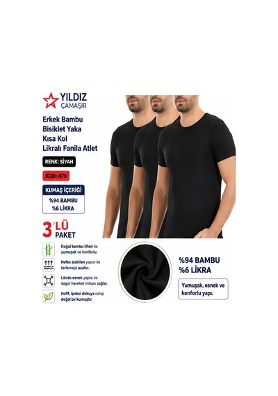 Yıldız Çamaşır Erkek Bambu Bisiklet Yaka Kısa Kol Likralı Fanila Atlet 475-476-477 - 3 Adet Siyah Yıldız Çamaşır Erkek Bambu Bisiklet Yaka Kısa Kol Likralı Fanila Atlet 475-476-477 - 3 Adet Siyah