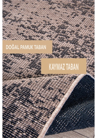 Badelya Home Bej Şönil Makinada Yıkanabilir Kaymaz Taban Saçaklı Pamuklu Halı Kilim Oturma Odası Salon