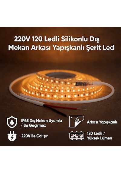 220v 120 Led Dış Mekan Şerit Led Amber Işık Arkası Yapışkanlı Suya Dayanıklı Dekoratif Aydınlatma 5 metre