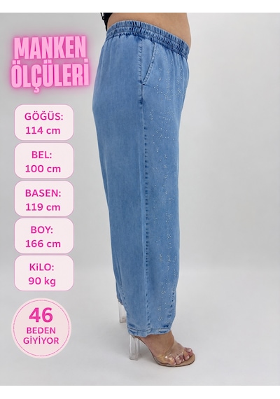 Büyük Beden Denim Beli Latikli Taş Baskılı Balon Kesim Kadın Pantolon Mavi
