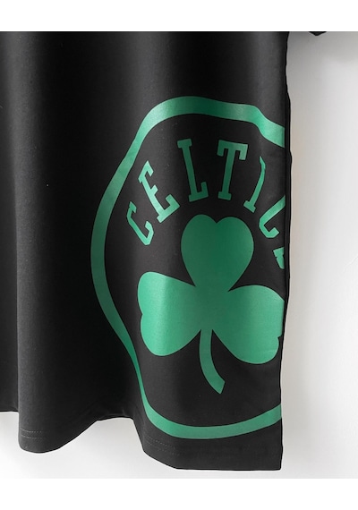 Boston Celtic Oversize Baskılı Pamuklu Bisiklet Yaka Çocuk Erkek Tişört Siyah