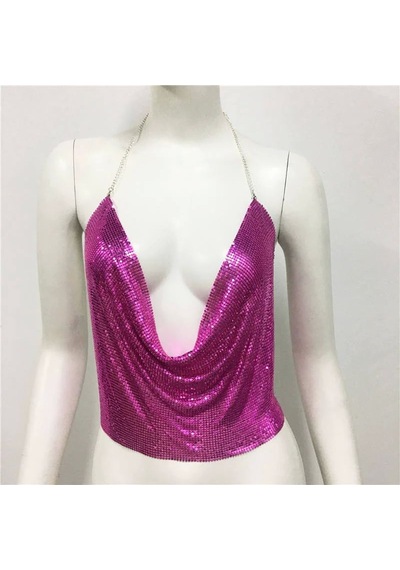Beru Parlak Fuşya Crop & Bluz Kolsuz Kayık Yaka Zırh Büstiyer Standart Standart