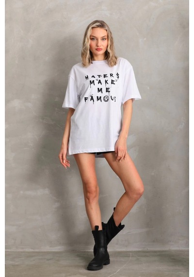 Primemagazam Kadın Ön Ve Arka Baskılı Oversize Kısa Kol T-shirt - Beyaz Çeşitli