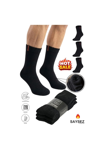 Saysez 3 Çift Termal Erkek Kışlık Soket Havlu Kalın Çorap Dikişsiz Siyah Renk Premium Pamuk Siyah