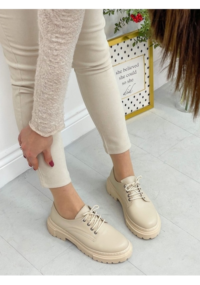 Erva'nın Butiği Bej Cilt College Kadın Bağcıklı Loafer-4094