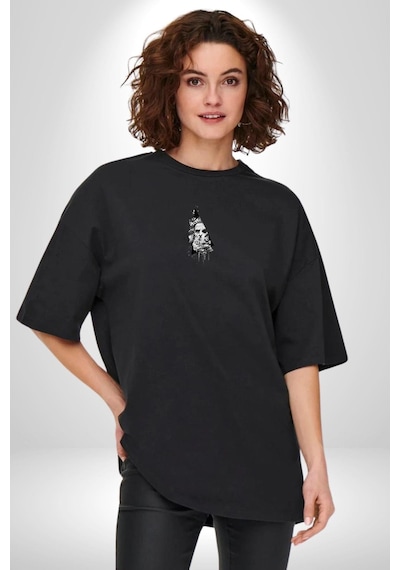 Poseidon Felsefe Siyah Oversize Unisex Ön Orta Minimal Baskılı Tişört Siyah