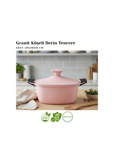 9 Parça Kare Granit Set Alüminyum Kapak - Pembe Pembe