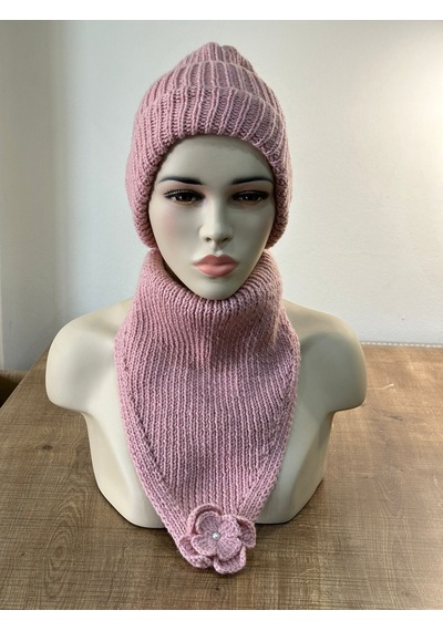 Gönülden Tasarım El Örgüsü Yumuşak Kadın Bere Boyunluk Set Pembe Açık