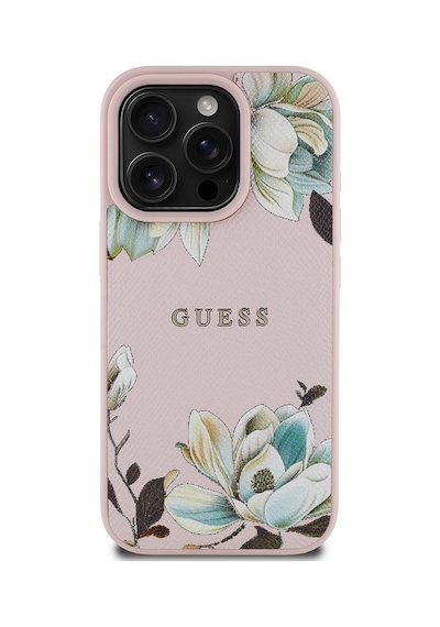 Apple Uyumlu iPhone 16 Pro Max Kılıf Guess Lisanslı Magsafe Özellikli Çiçek Tasarımlı Yazı Logolu Kapak Pembe