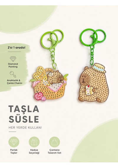 5d Elmas Taş İşlemeli Anahtarlık & Çanta Charmı 2'li Set 5x6 Cm Diamond Painting Keychain & Bag Charm Bkbt17863