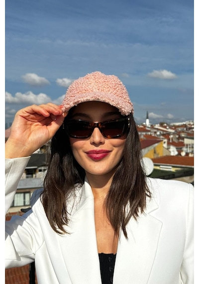 Mollycrush Kadın Teddy Dokulu Kışlık Kadın Vizör Şapka Yumuşak Kuzu Kürk Görünümlü Model Pembe