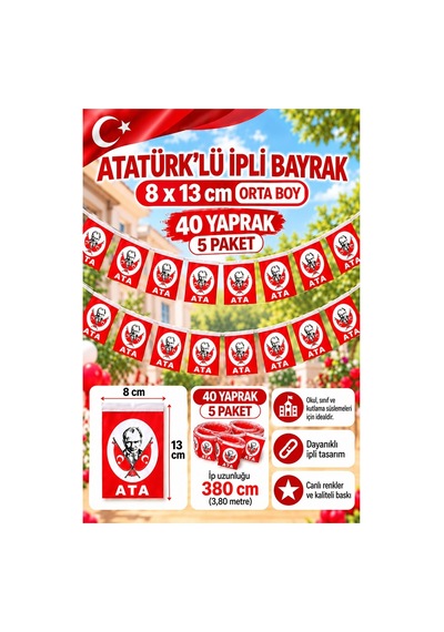 İpli Atatürk Bayrak Orta Boy 40'lı 8x13cm 5 Paket Atalı Bayrak Kağıt İpli Sıralı Ayyıldız Bayrak Sınıf Süsü Okul Bayram 1