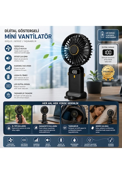 Dijital Göstergeli Mini Vantilatör, Şarjlı Masaüstü Vantilatör, Taşınabilir 12000 Rpm El Fanı, Ergonoik Tasar