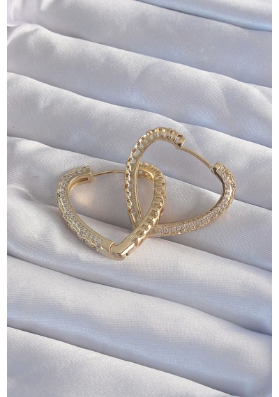 Pirinç Gold Renk Zirkon Taşlı Motifli Kalp Küpe Çok Renkli