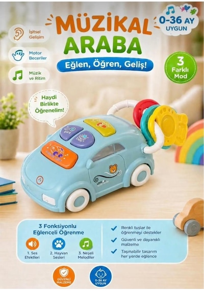 Müzikal Arabam Renkli Pilli Eğitici Ve Eğlenceli Bebek Aktivite Oyuncağı Çok Renkli