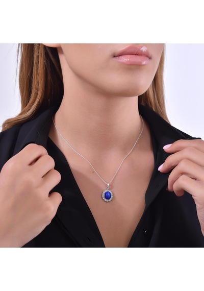 Nusret 925 Ayar Gümüş Çiçek Tasarım Oval Lapis Taşlı Kolye Çok Renkli