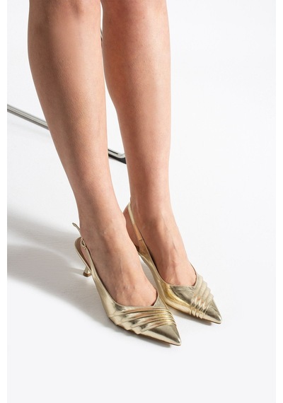 Dabab Shoes Zeyny Kadın Gold Sivri Burun Slingback 6 Cm İnce Topuk Ön Pile Detaylı Parlak Rugan Ayakkabı Altın