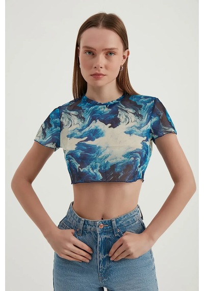 Hiccup Soyut Tül Crop Top Maya Mavisi
