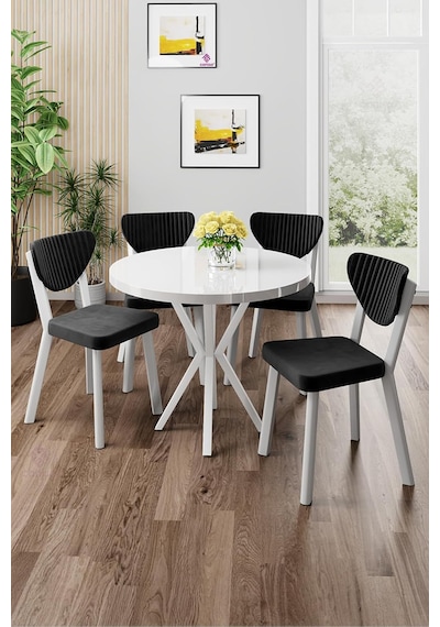 Agnes Serisi 90x90 Cm Yuvarlak Beyaz Masa Takımı, 4 Siyah Sandalye Diğer