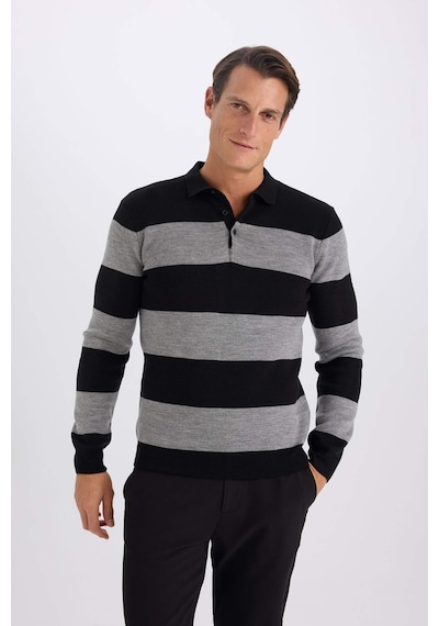 DeFacto Standart Fit Normal Kesim Çizgili Polo Yaka Triko Kazak Y4194AZ24WNBK27