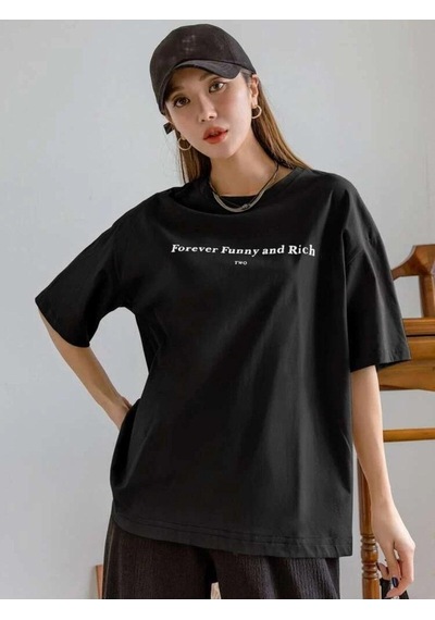 Flood Of Style Kadın Siyah Funny Baskılı Oversize T-shirt