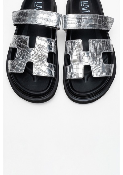Luvishoes Luvi Shoes Loana Gümüş Baskı Hakiki Deri Kadın Terlik Gümüş