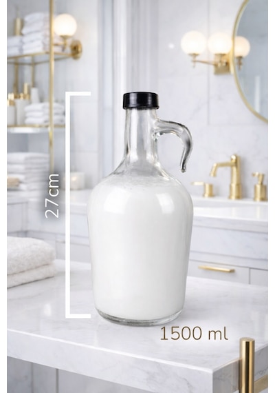 4'lü Şişe Banyo Seti Cam Yumuşatıcı Deterjan Renkliler Beyazlar Siyahlar Şişesi 1500ml Siyah Kapaklı Şeffaf
