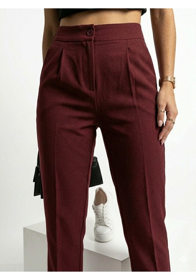 Ribana Classic Kadın Dar Paça Pileli Mevsimlik Klasik Moda Kumaş Pantolon 4687 Bordo
