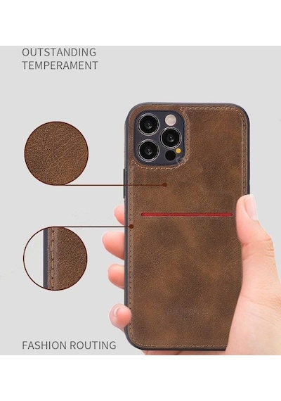 Apple Uyumlu  iPhone 12 Kartlıklı Rich Boss Lüx Deri Kılıf Açık Kahve
