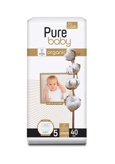 Pure Baby Organik Pamuklu Cırtlı Bez Tekli Paket 5 Numara  Junior 40 Adet