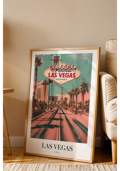 Las Vegas Welcome Vintage Seyahat Posteri Çerçeveli Tablo - Premium Nevada Elit Duvar Dekoru Kayın
