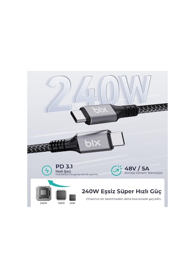 Bix Usb4 Thunderbolt 3/4 Uyumlu Usb-c If Sertifikalı 240w 40gbps 8k 60hz Uhd Hızlı Şarj, Data Ve Görüntü Aktarım Kablosu 1 Metre