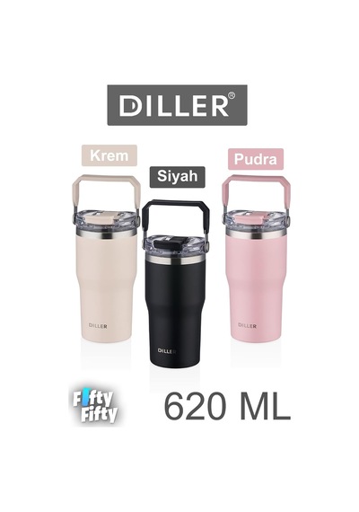 Dıller 620 Ml Tek Kapak Çift Kullanım Pipetli/pipetsiz Taşıma Kulplu Mug/çelik Termos-ffdıllerd Pudra