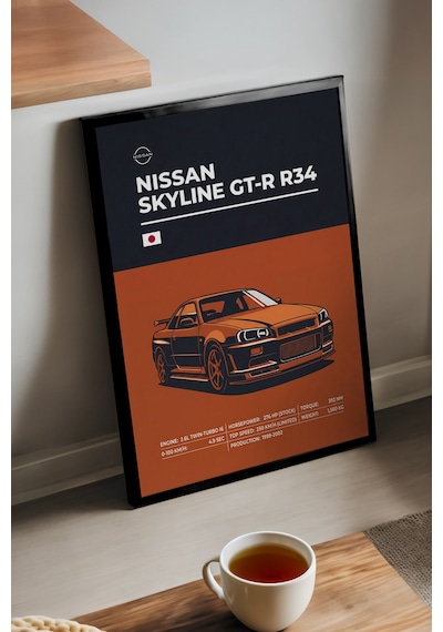 Nissan Skyline Gt-r R34 Siyah Ahşap Çerçeveli Poster, Dekoratif Araba Duvar Tablosu