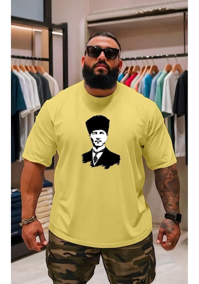 Atatürk Baskılı Oversize Unisex Tişört Sari