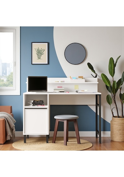 Robin Home Çalışma Masası Genç Çocuk Öğrenci Raflı Dolaplı Beyaz Beyaz