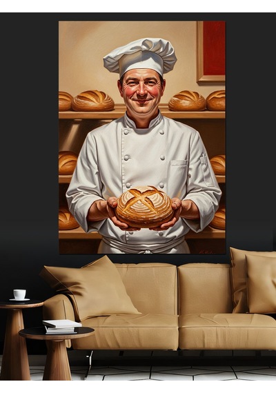 Ahşap Tablo Beyaz Aşçı Ekmek Tutuyor