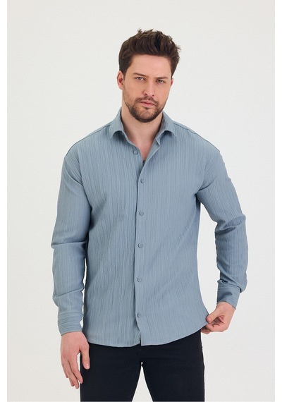 Tarz Cool Erkek Kendinden Çizgi Detaylı Slim Fit Dar Kalıp Uzun Kol Gömlek Mavi Tarz Cool Erkek Kendinden Çizgi Detaylı Slim Fit Dar Kalıp Uzun Kol Gömlek Mavi