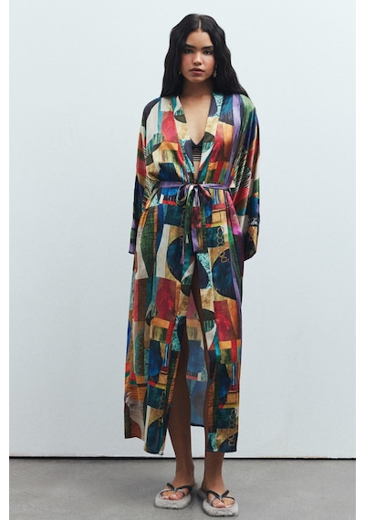 Frappant Coloré Desenli Uzun Saten Sabahlık / Kimono Çok Renkli