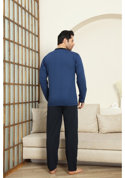 Enisena Erkek %100 Pamuklu Pijama Takımı-robalı Ve 3 Düğmeli-12489 İndigo